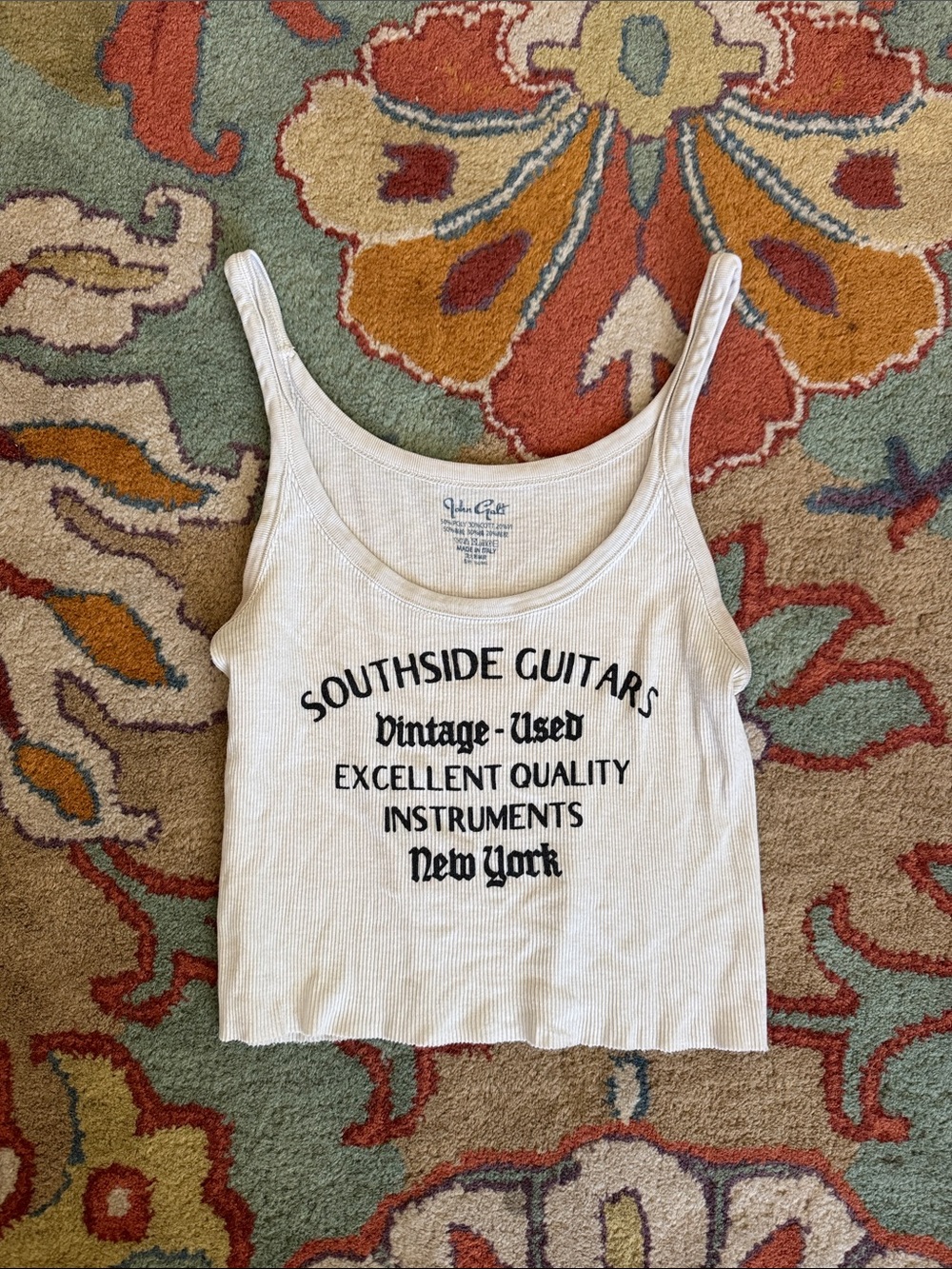 Brandy Melville White Ribbed Tank Top with Black 'Southside Guitars' Graphic